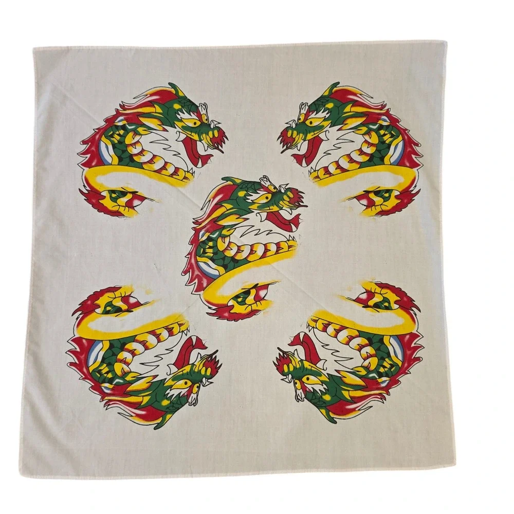Vintage Chinese Dragon Print White Cotton Bandana Y2K Streetwear Neckerchief